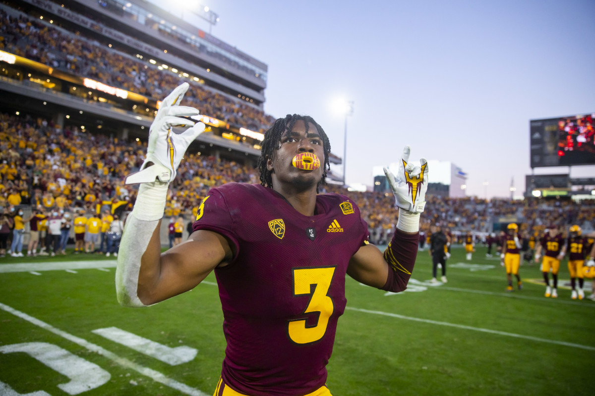 Nov 27, 2021; Tempe, Arizona, USA; Arizona State Sun Devils running back Rachaad White (3) reacts following the game against the Arizona Wildcats at Sun Devil Stadium. Mandatory Credit: Mark J. Rebilas-USA TODAY Sports